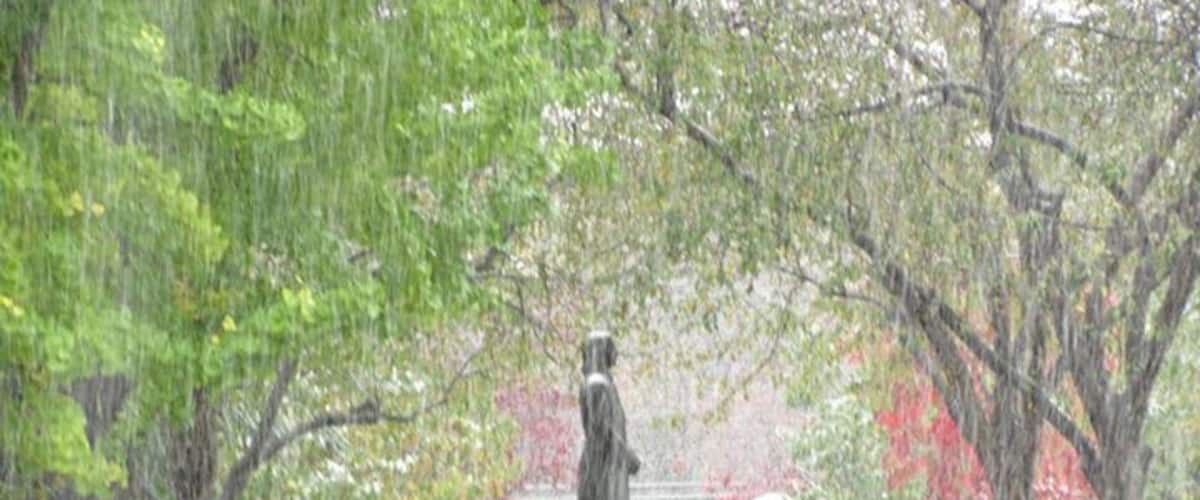 My alma mater! Visiting the college during Homecoming a few years ago (in October) and we had an early snowstorm! Jacob Albright didn't seem to care about the weather though.