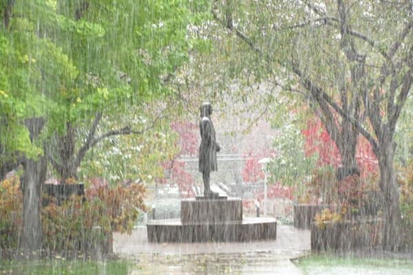 My alma mater! Visiting the college during Homecoming a few years ago (in October) and we had an early snowstorm! Jacob Albright didn't seem to care about the weather though.
