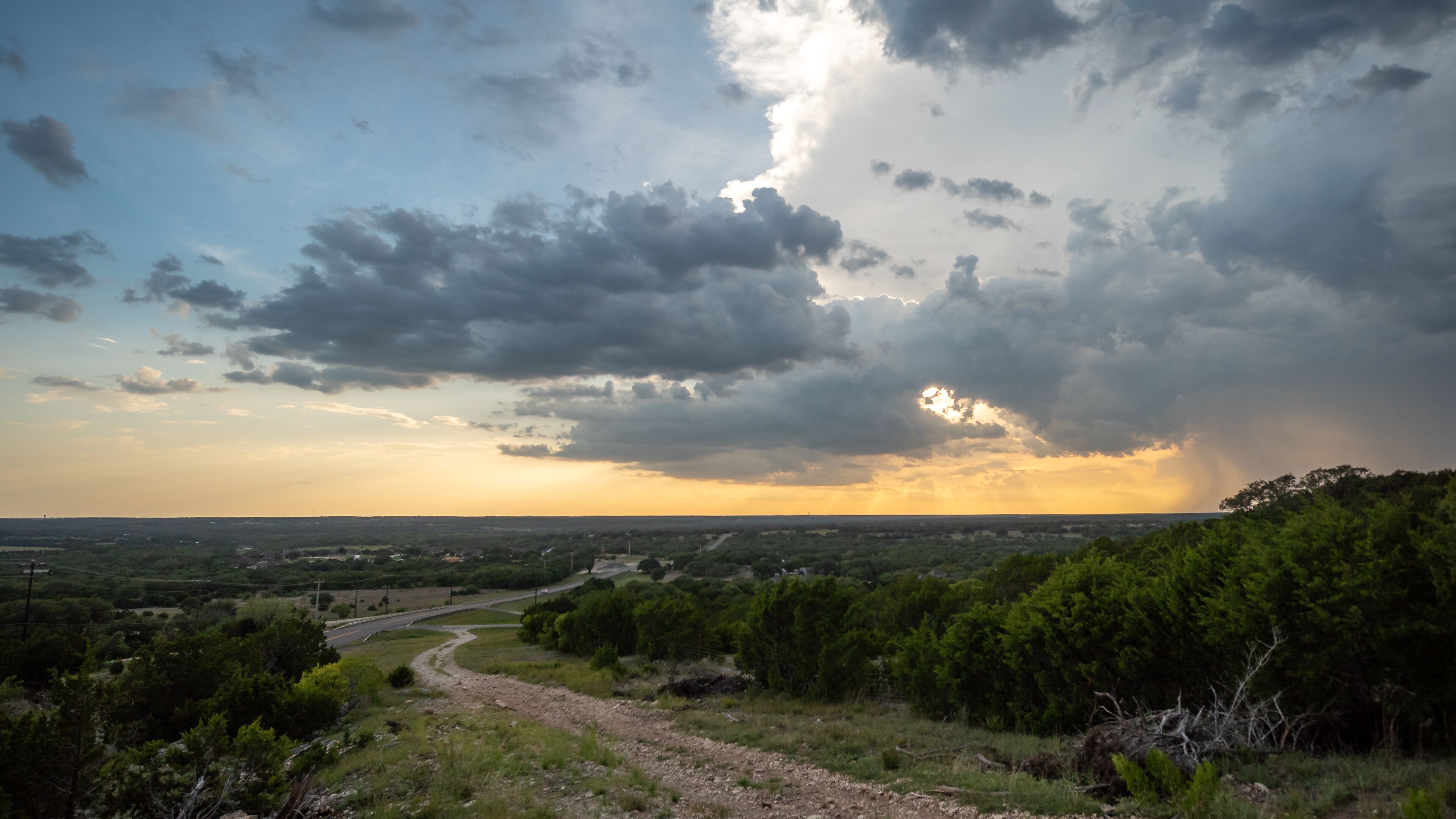 Wide Angle View of the Texas Hill. Country with Large Clouds in the Sky
