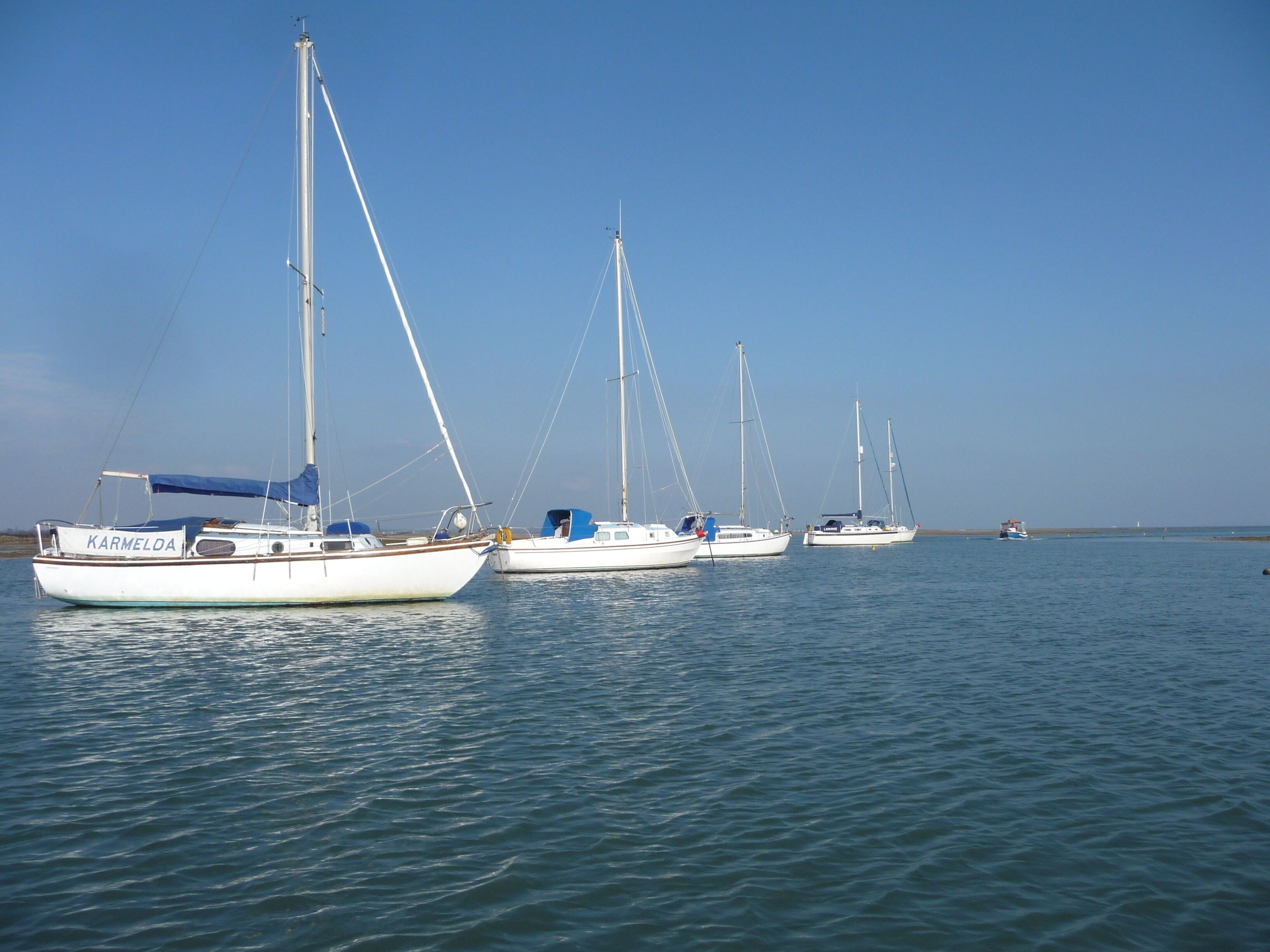 Several sailboats docked at a calm harbor with clear skies.