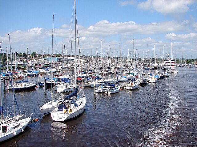 A marina with numerous sailboats docked in calm waters.