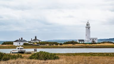 Hurst Point Lighthouse and Hurst Castle over Hurst Spit, Milford on Sea, Lymington, Hampshire, England