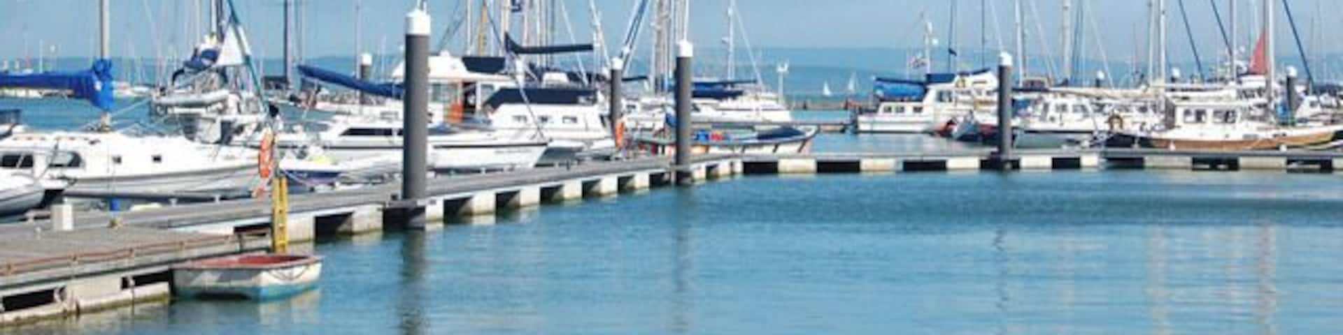 A marina with numerous sailboats docked along a pier.