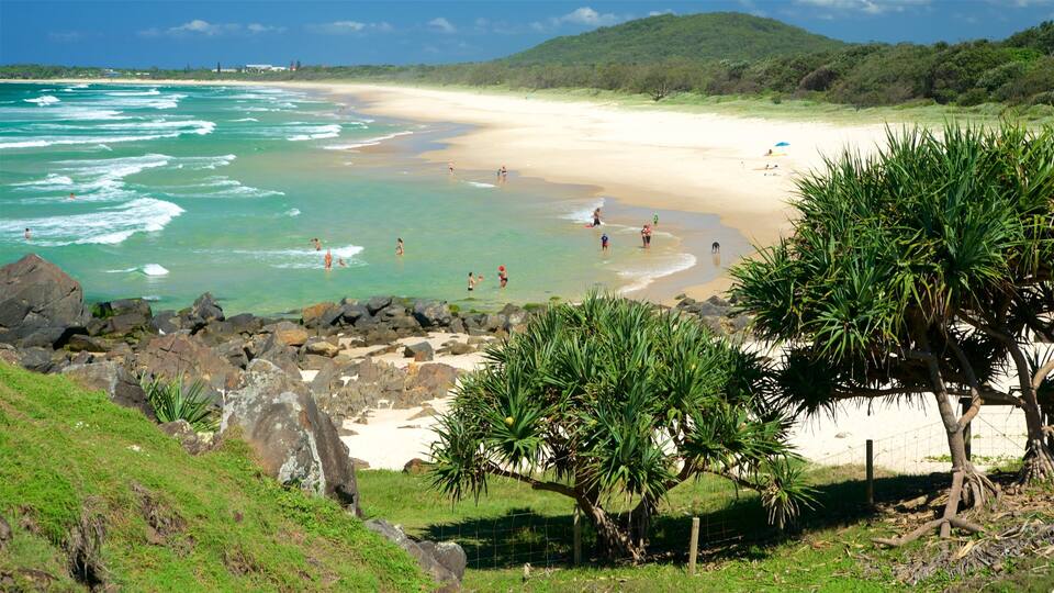 A beach with clear turquoise water, sandy shore, and lush greenery.