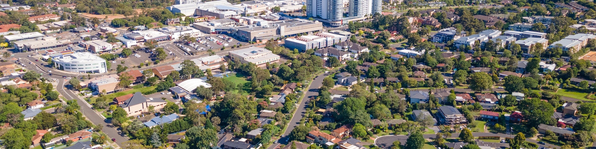 Aerial drone view of Castle Hill cbd in Sydney, NSW Australia on a sunny day in December 2023