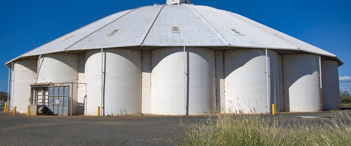 A large, cylindrical grain silo with a metal roof and a small door on the side.