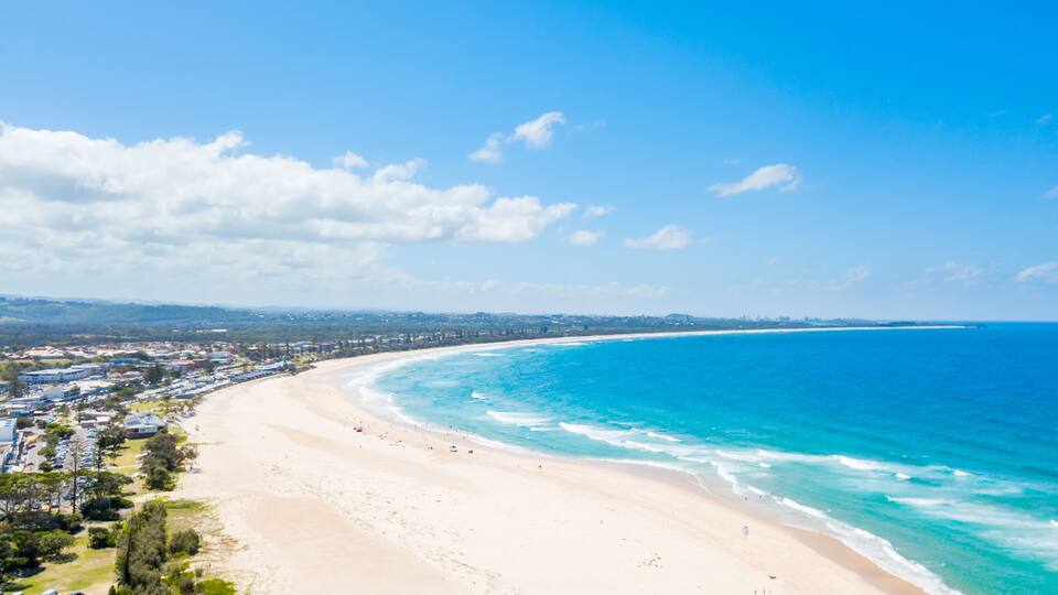 Kingscliff and Cudgen Creek from an aerial view with blue water on a clear day in NSW, Australia , Shutterstock ID 1270302364, Purchase Order: -