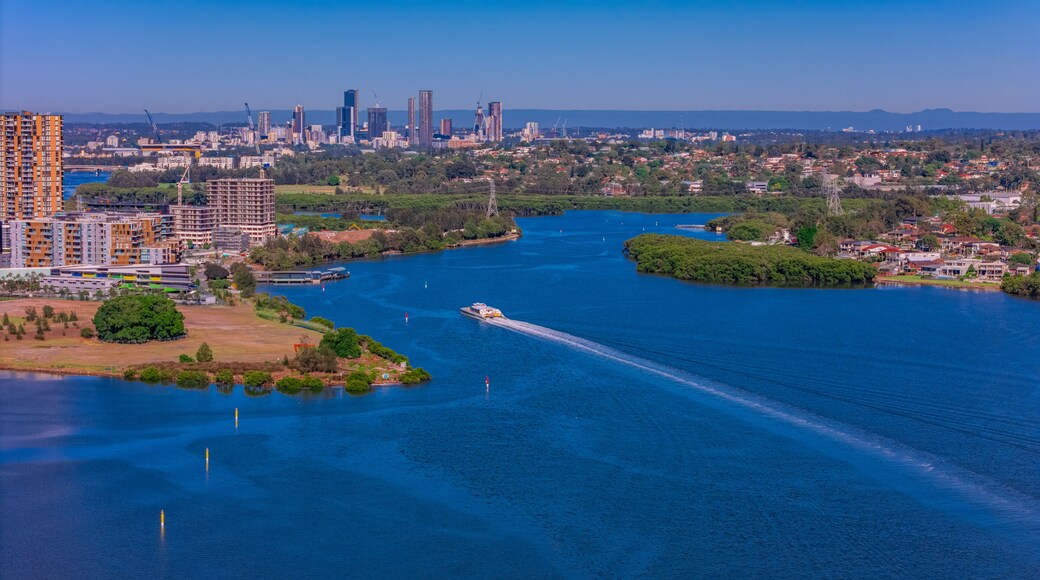 Panorama Aerial view above Rhodes with views to Meadowbank and Olympic park and Wentworth Point and Concord West with Parramatta River in Sydney NSW Australia