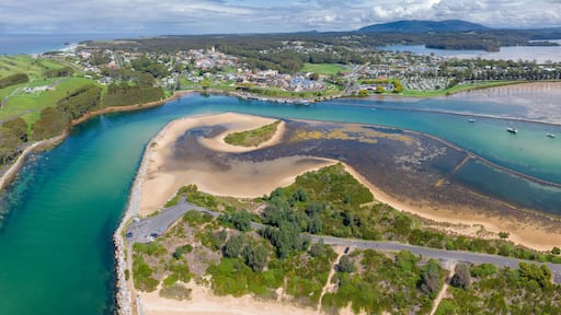 Aerial panorama of a winding river system flowing past a coastal township