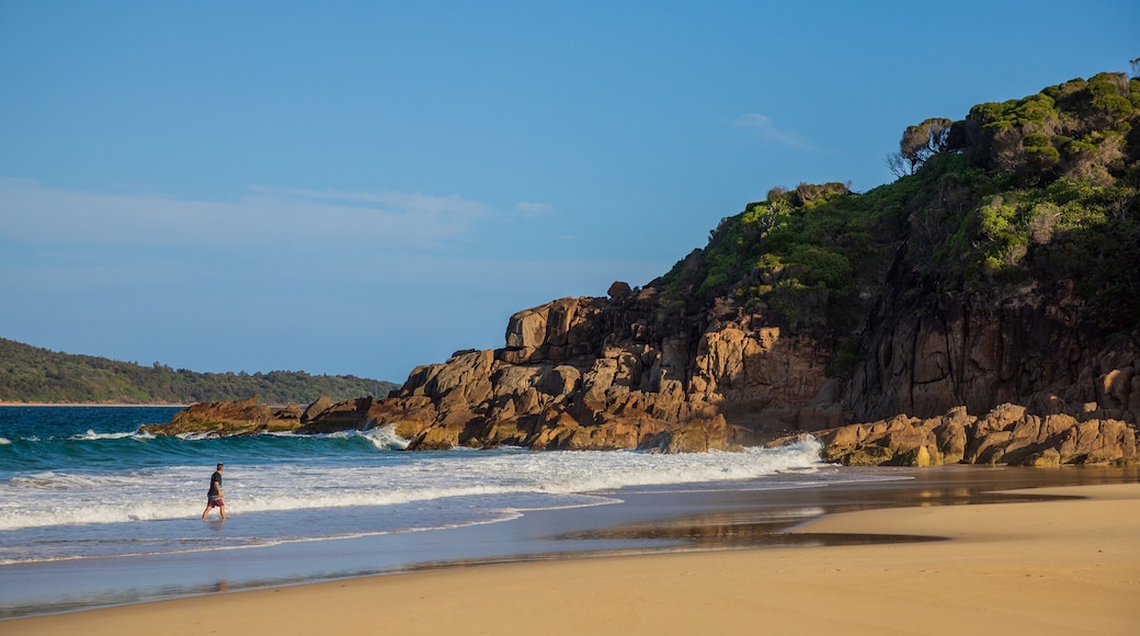 Nelson Bay which includes general coastal views, a sandy beach and rocky coastline