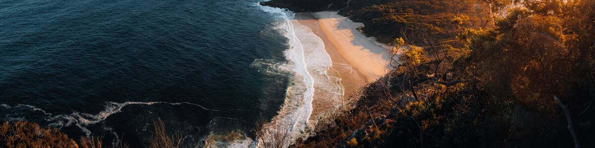 A coastal landscape with a beach, ocean, and forested hills.