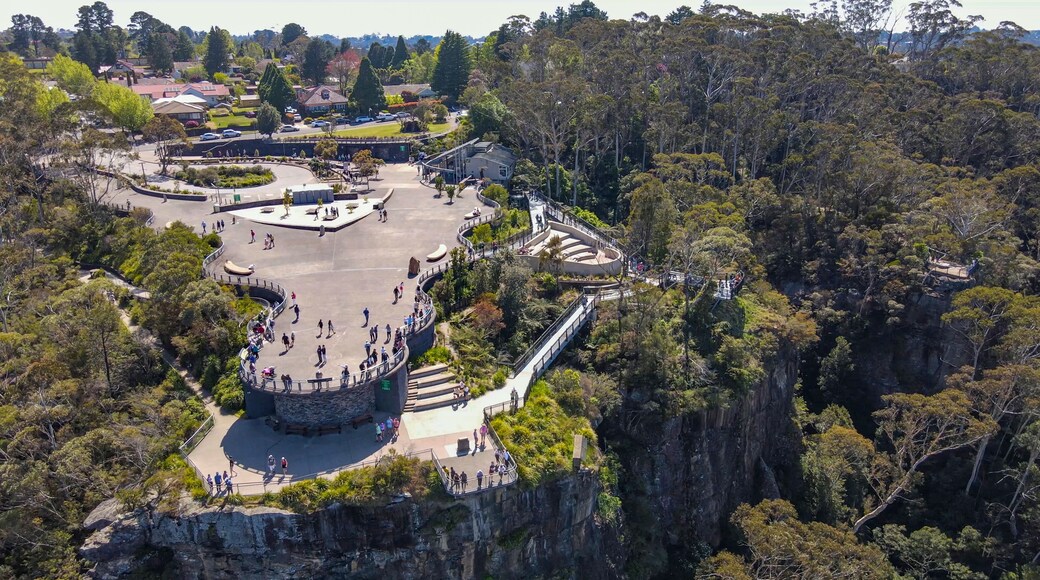 Aerial drone view of Echo Point Lookout at Katoomba in the Blue Mountains region, New South Wales, Australia on a sunny day in September 2023