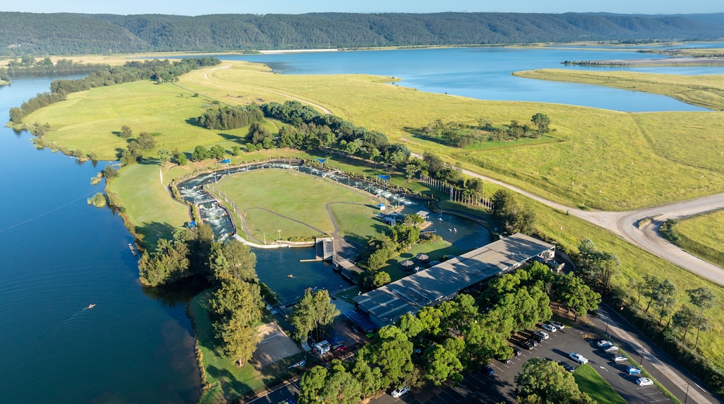 Drone aerial photograph of the scenic and popular sporting and recreational facility at the Penrith Whitewater Stadium located on Penrith Lakes in New South Wales in Australia