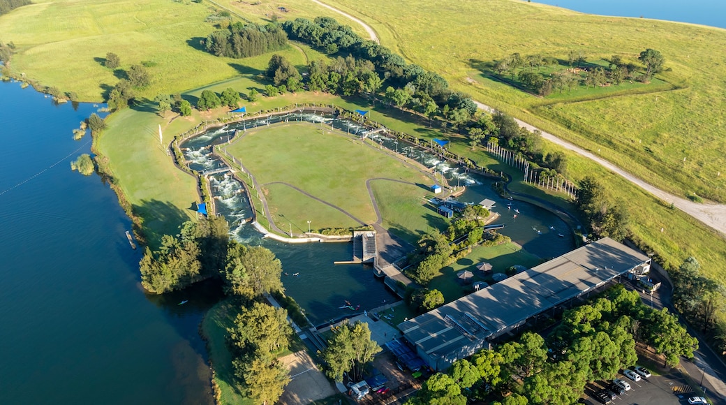 Drone aerial photograph of the scenic and popular sporting and recreational facility at the Penrith Whitewater Stadium located on Penrith Lakes in New South Wales in Australia
