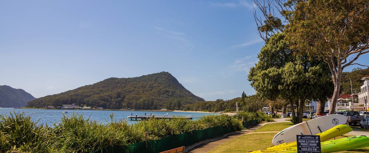 A lakeside view with a bench, paddleboards, and kayaks.