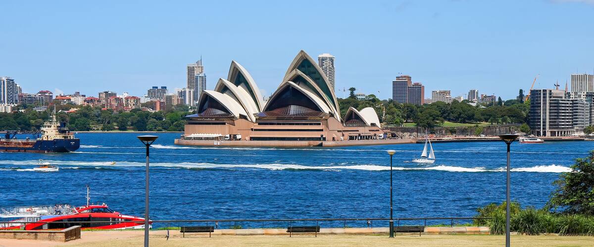Sydney Opera House as seen from Olympic Park in Mattawunga across Sydney Harbour, New South Wales, Australia