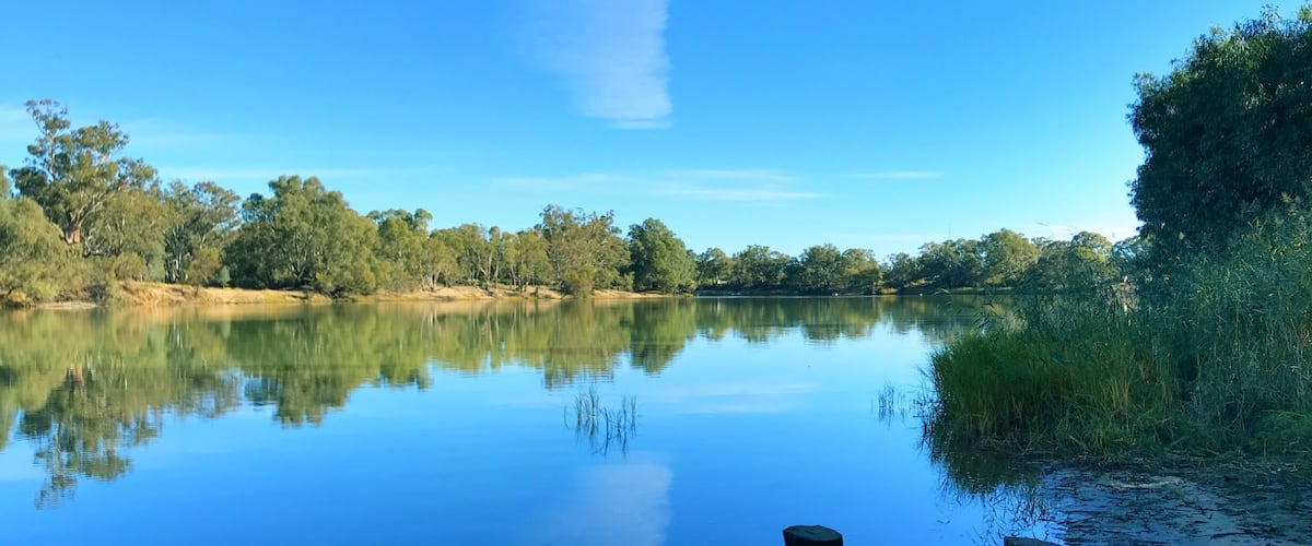 A calm river with clear reflections, surrounded by trees and a clear sky.