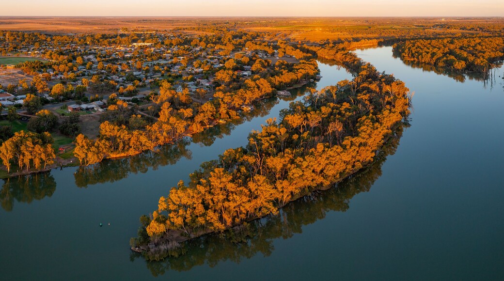 Ein Fluss schlängelt sich durch eine bewaldete Gegend, an einer Seite liegt eine Stadt.