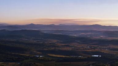 Panorama taken from Mount Tamborine looking down on Beaudesert rural landscape and mountain range in the background
