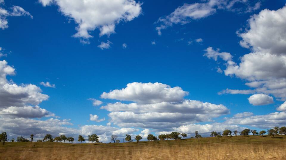 A landscape with a clear blue sky, scattered clouds, and a line of trees.