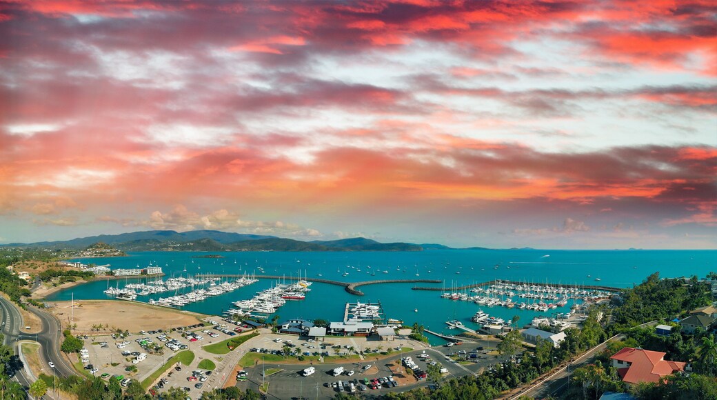 Panoramic aerial view of Airlie Beach skyline at dusk, Queensland