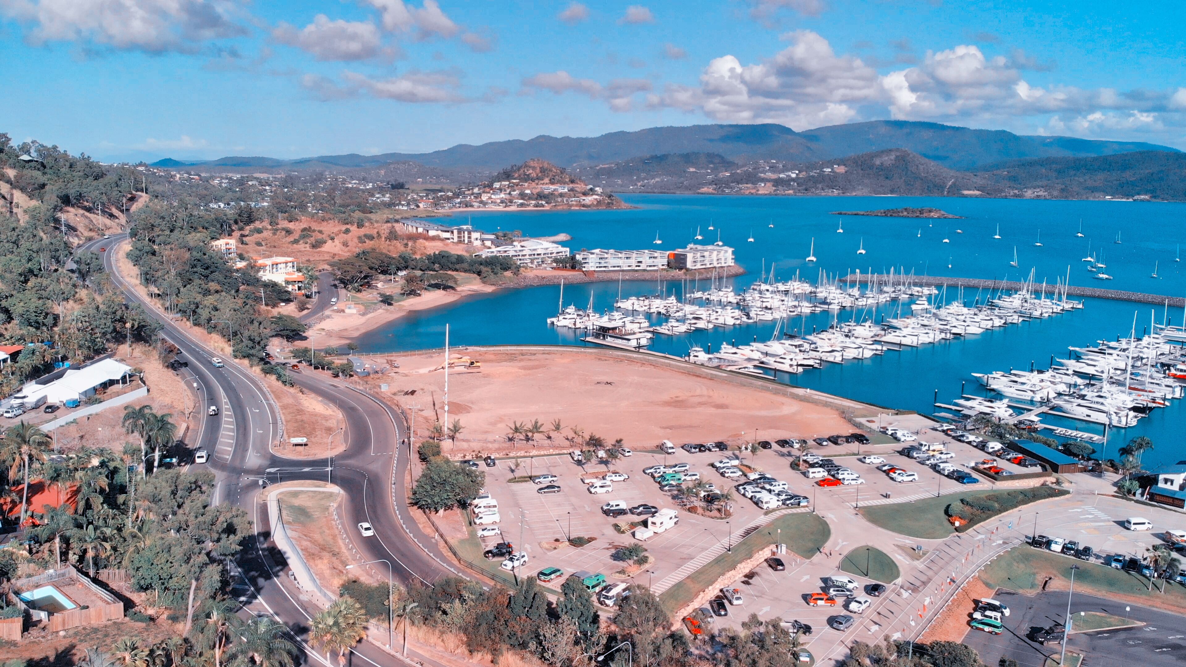 Panoramic aerial view of Airlie Beach skyline at dusk, Queensland