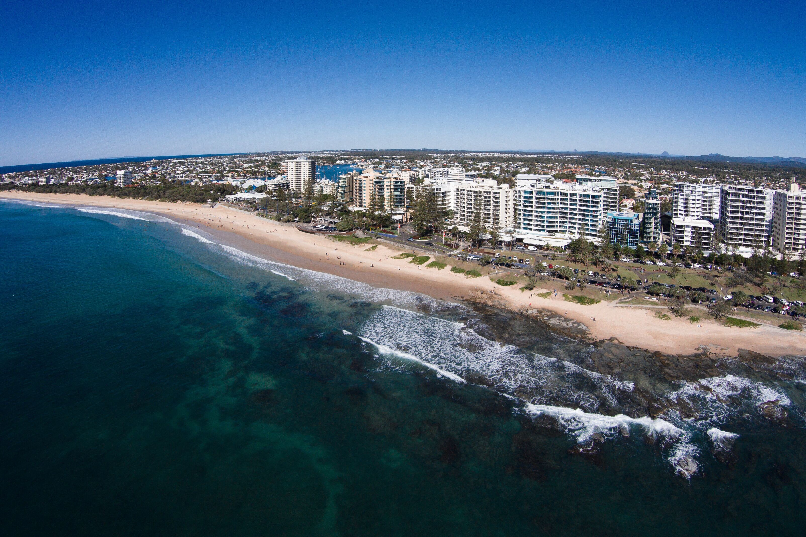 Aerial view of beachfront hotels on sunrise, Mooloolaba, Queensland, Australia
