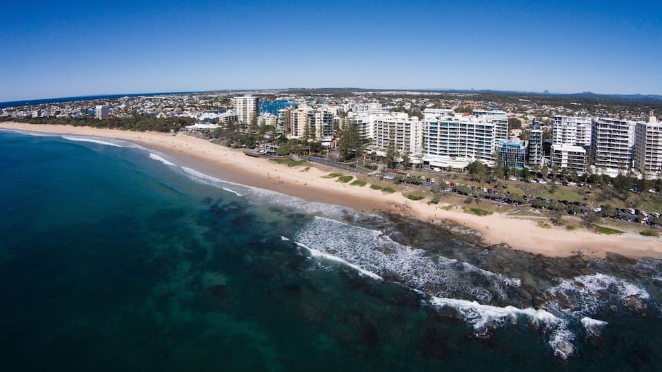 Aerial view of beachfront hotels on sunrise, Mooloolaba, Queensland, Australia