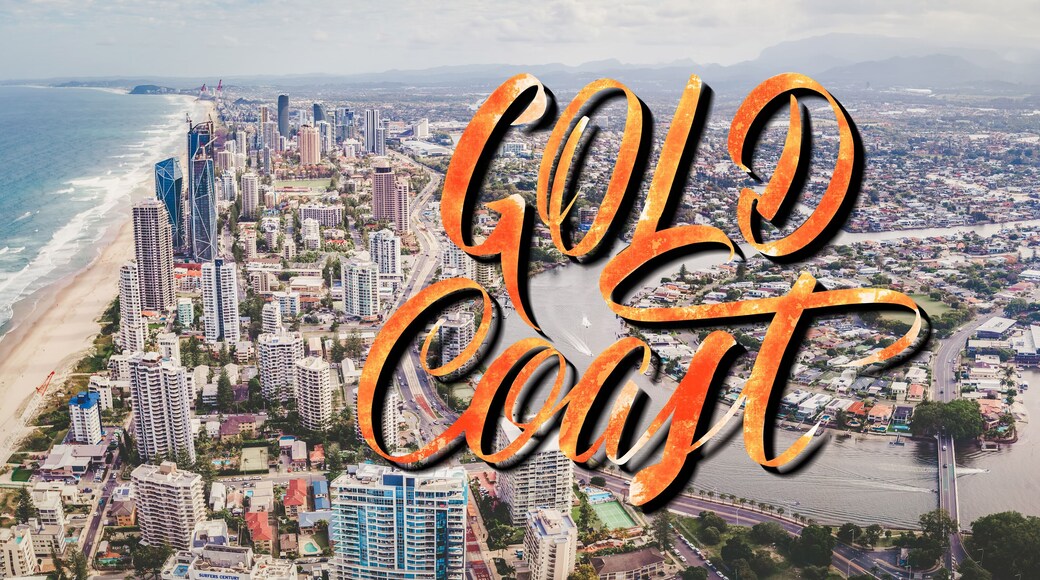 Gold Coast elegant lettering over aerial landscape of Gold Coast city and Nerang river in Queensland, Australia