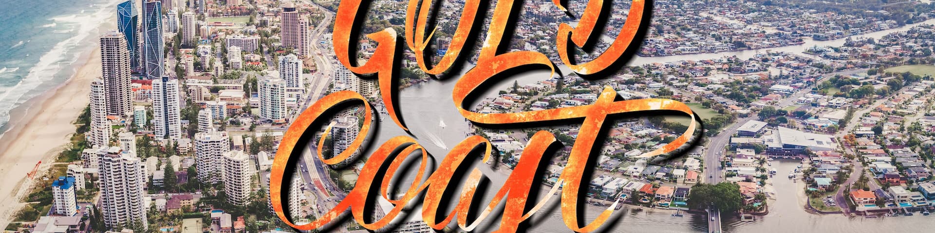 Gold Coast elegant lettering over aerial landscape of Gold Coast city and Nerang river in Queensland, Australia