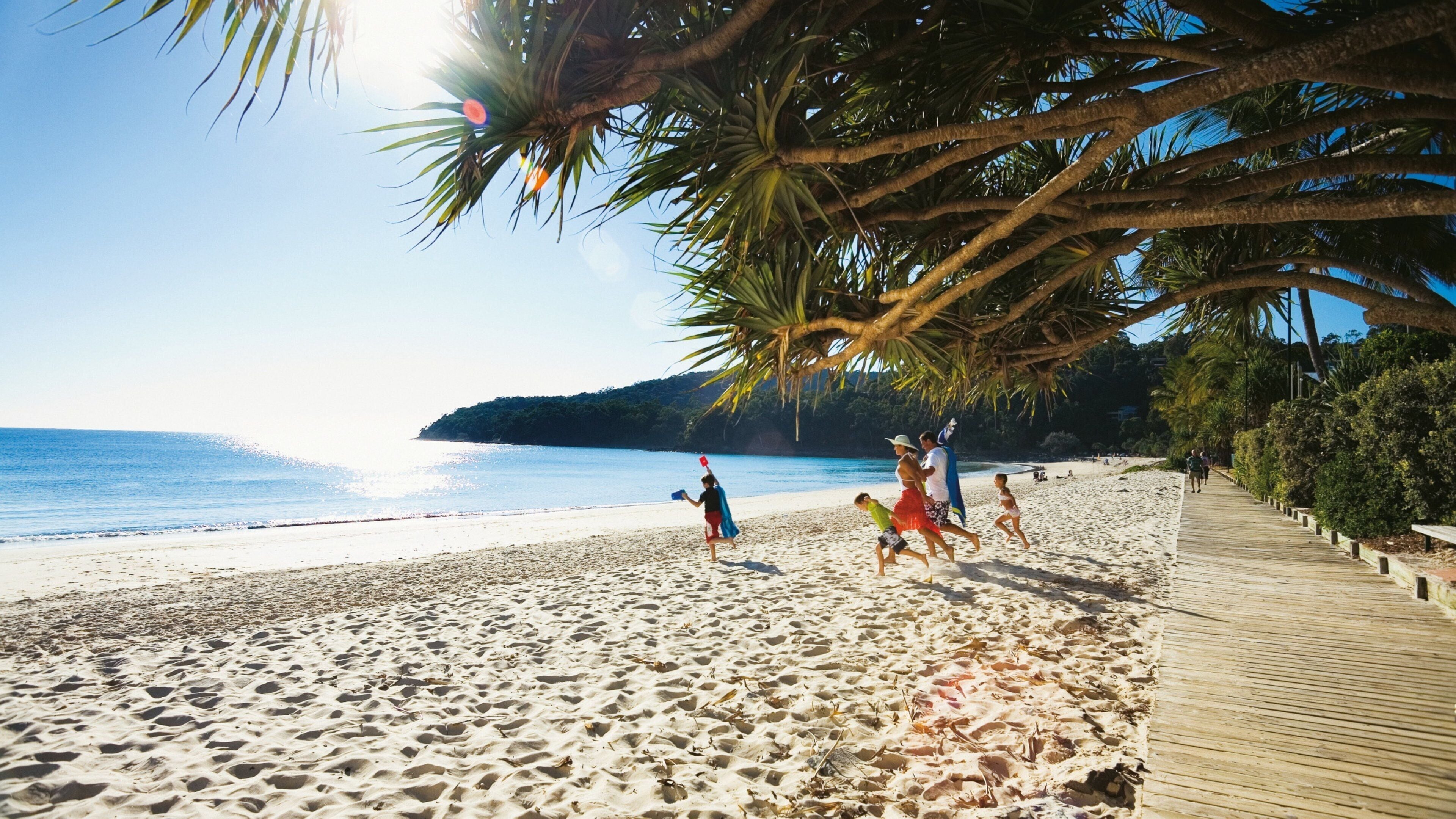 Noosa Heads which includes a sandy beach and tropical scenes as well as a family