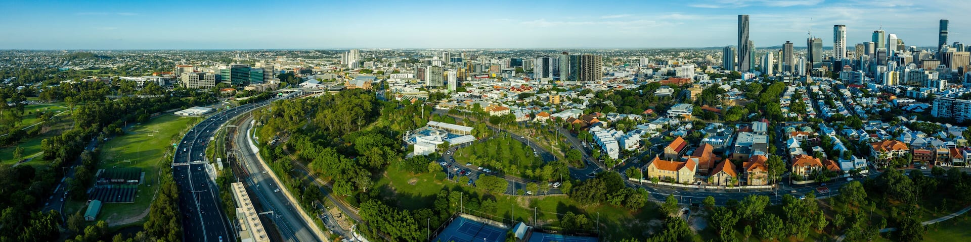 Panoramic aerial view of the inner city suburb of Spring Hill, Brisbane, Queensland, Australia.