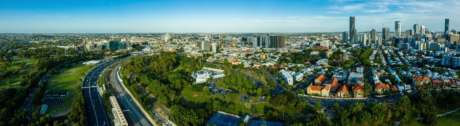 Panoramic aerial view of the inner city suburb of Spring Hill, Brisbane, Queensland, Australia.