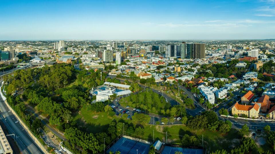 Panoramic aerial view of the inner city suburb of Spring Hill, Brisbane, Queensland, Australia.