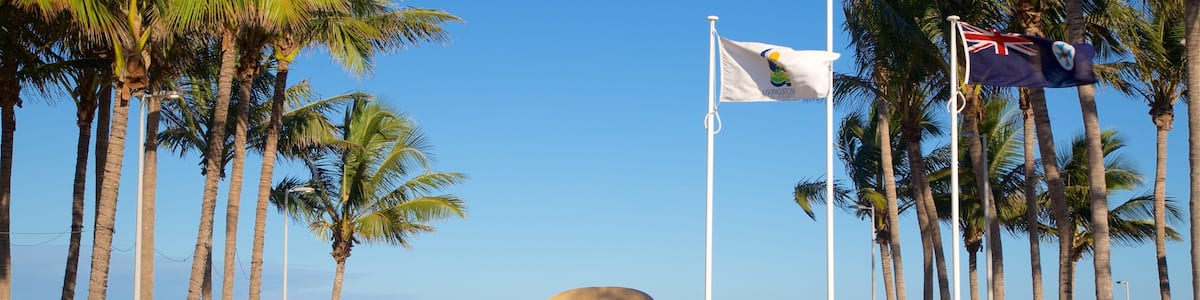 A beach with palm trees, a large donut sculpture, and flags of Australia and New Zealand.