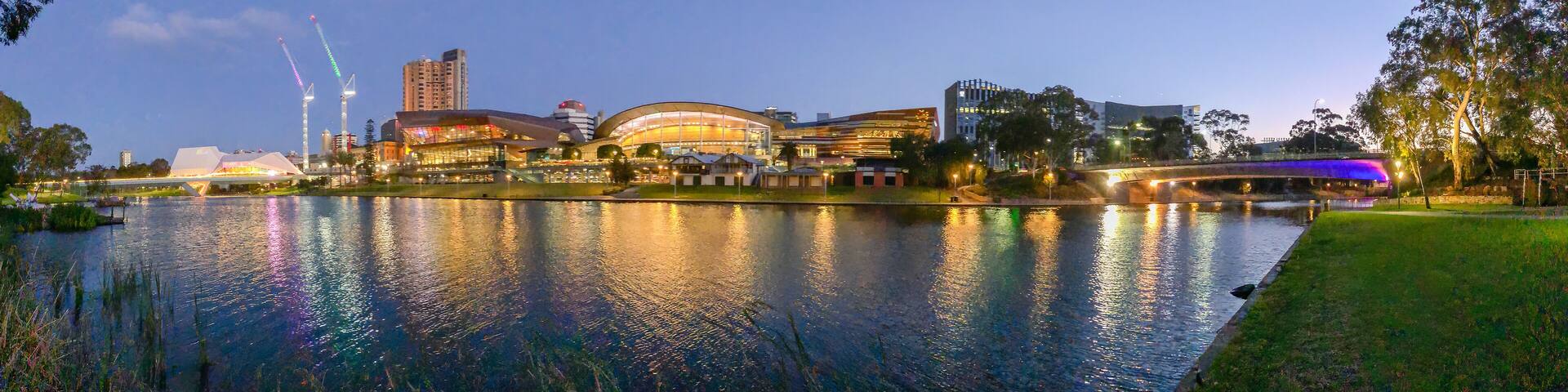 Adelaide panoramic view at night and Karrawirra Parri RIver
