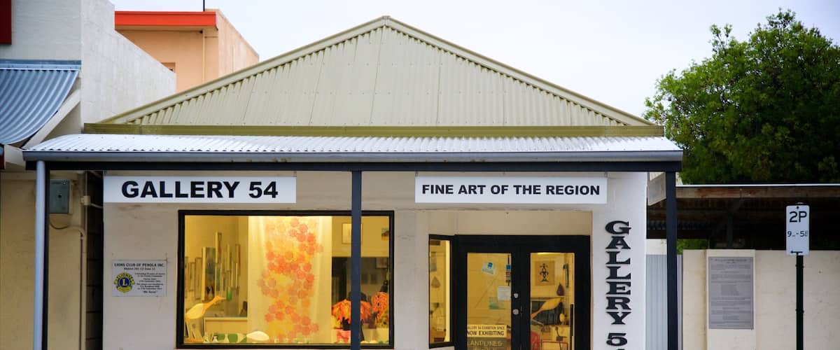 A building labeled 'Gallery 54' with a sign stating 'Fine Art of the Region'.
