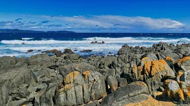 Panorama of a rugged rocky coast and breaking waves on a stormy day. Low Head, George Town, in the Launceston region of northern Tasmania, Australia.