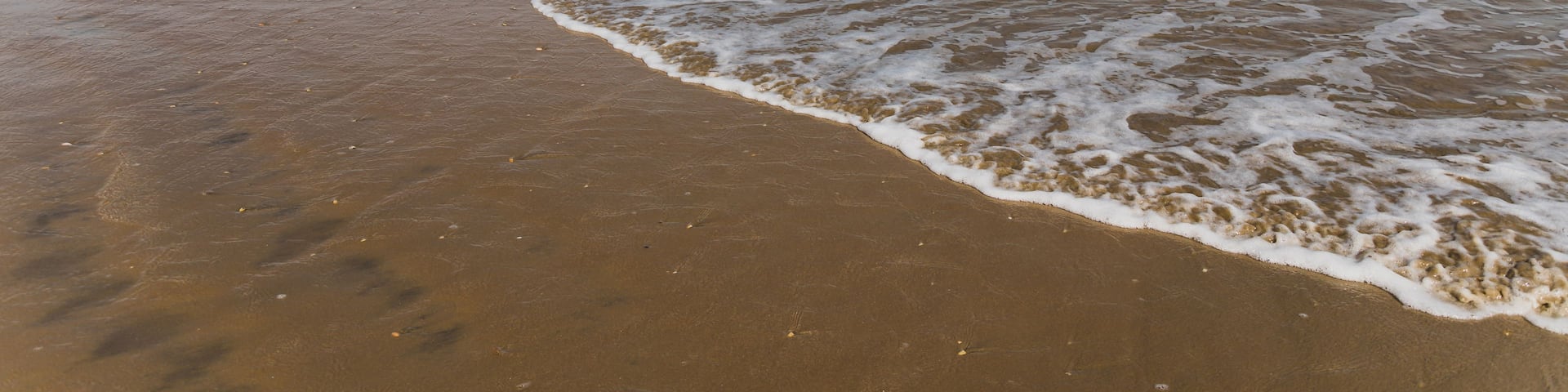 A beach with waves gently lapping at the shore, a clear sky, and distant hills.