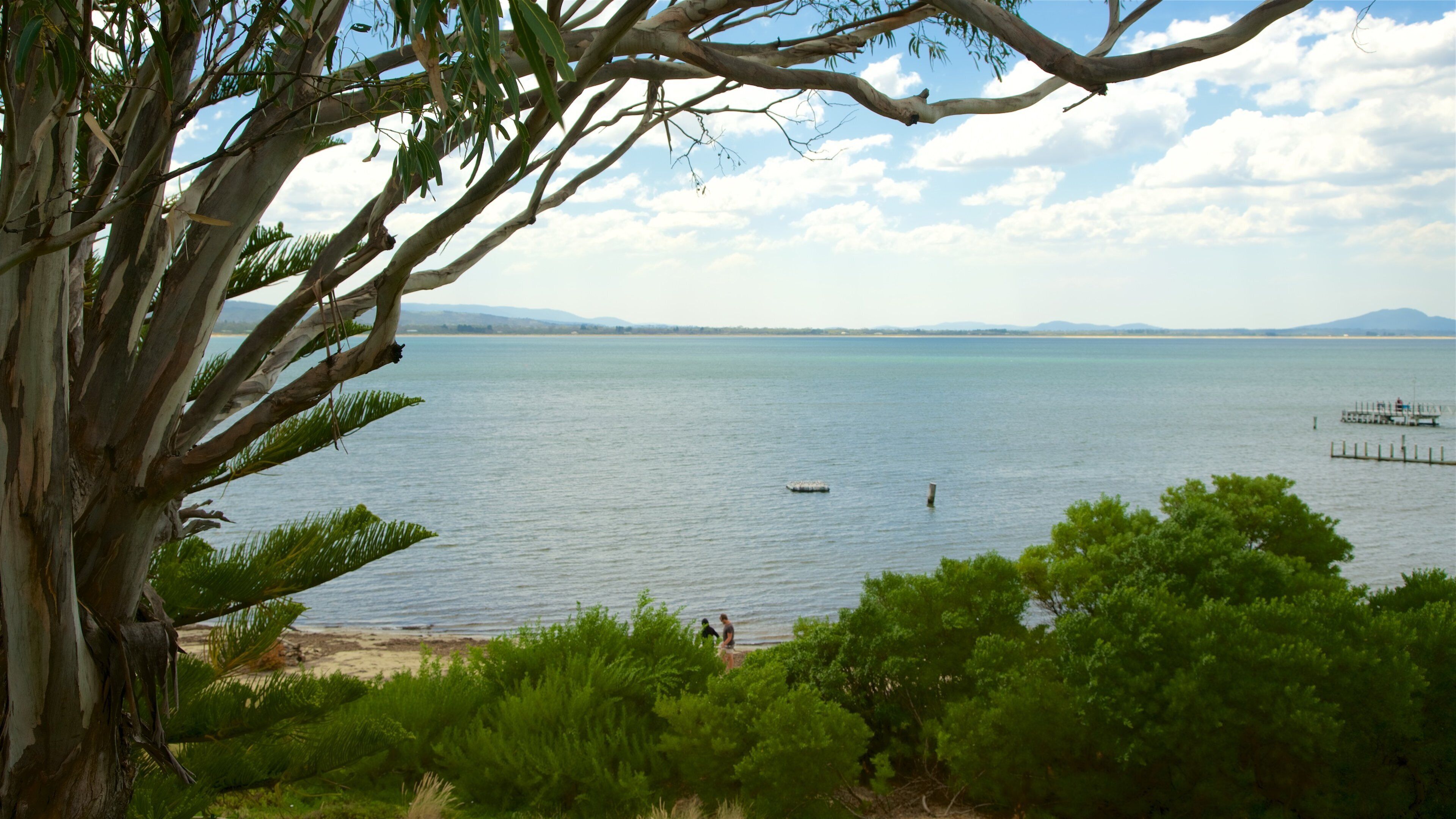 A calm lake with a pier, surrounded by trees and a distant mountain range.