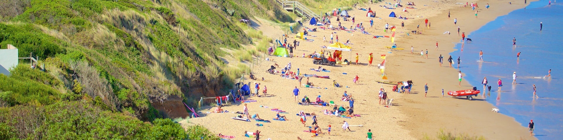 Anglesea das einen Bucht oder Hafen und Strand sowie große Menschengruppe