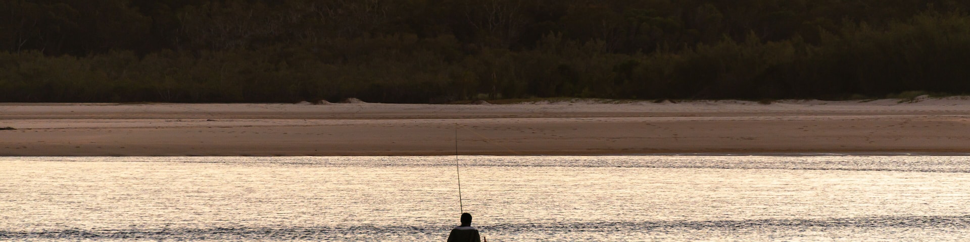 A person fishing by the water with a mountain in the background.