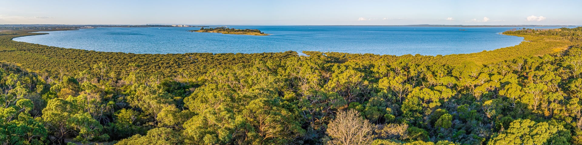 Beautiful coastal wetlands reserve in Hastings, Australia - aerial panoramic landscape