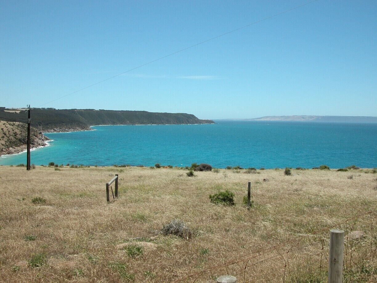 A coastal landscape with a clear view of the ocean, a grassy field, and a distant hill.