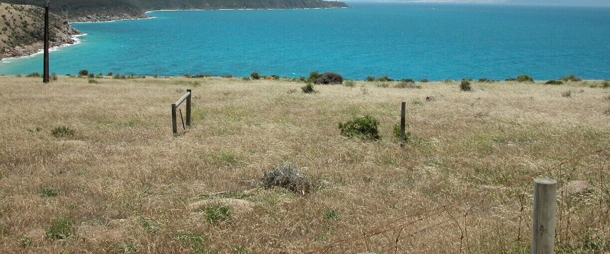 A coastal landscape with a clear view of the ocean, a grassy field, and a distant hill.