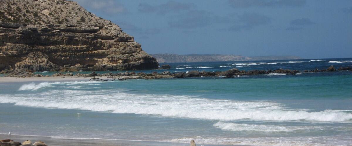 A beach with waves, rocks, and a cliff.