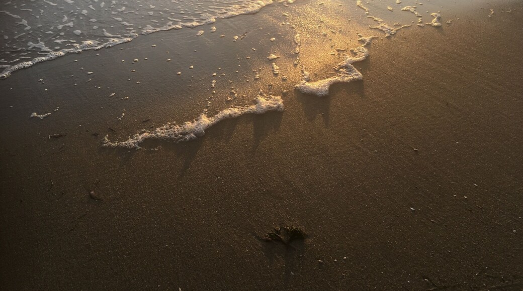 Reflection of the sun setting on the beach as the waves roll in slowly.