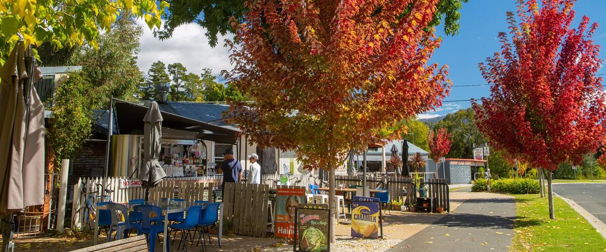 A roadside café with outdoor seating, autumn foliage, and a mountain in the background.
