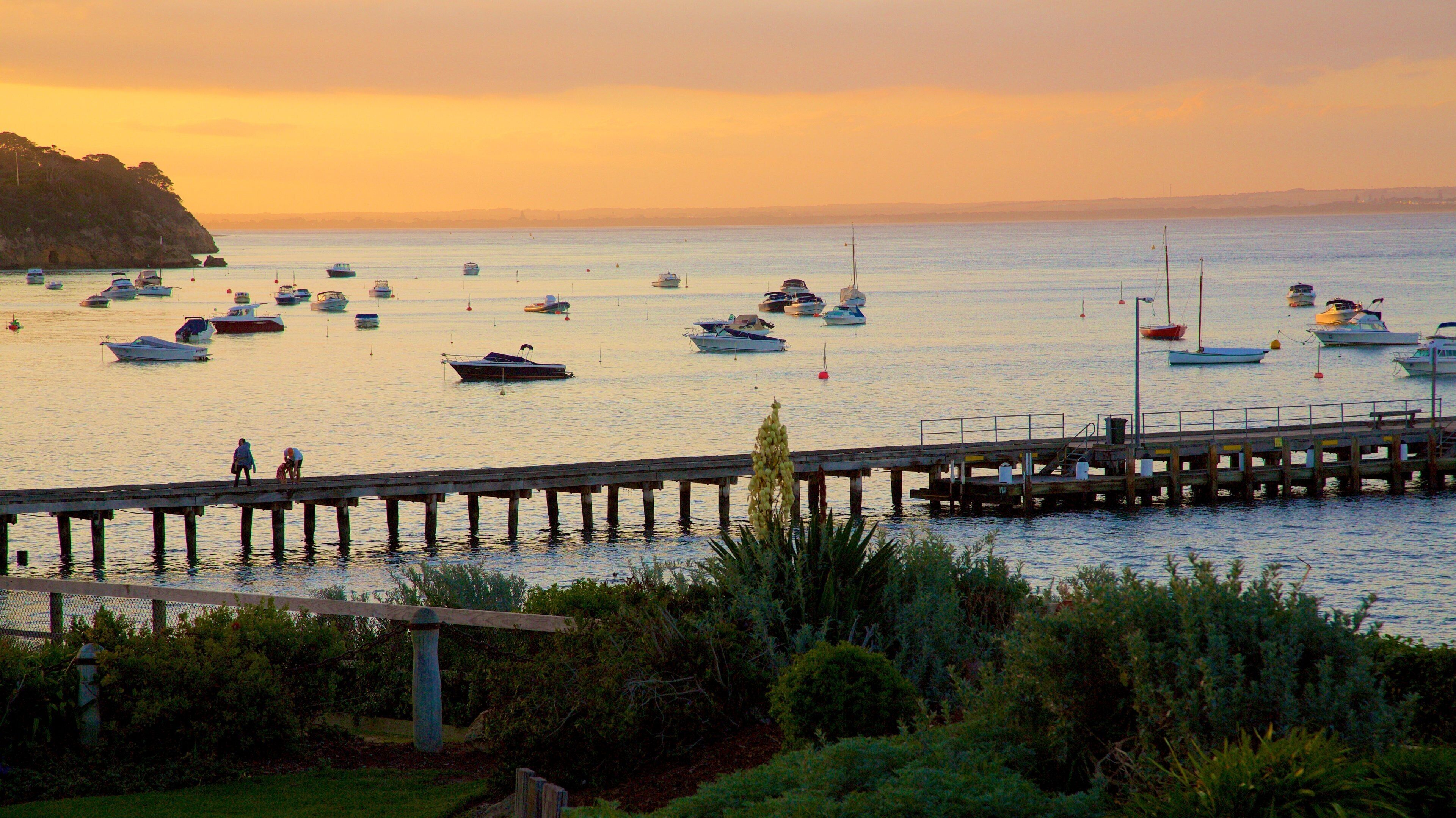 A marina with boats docked at a pier during sunset.