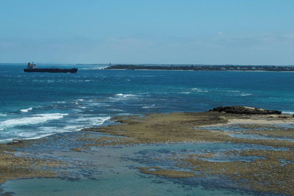 A coastal scene with a large ship in the distance, rocky shoreline, and clear blue water.